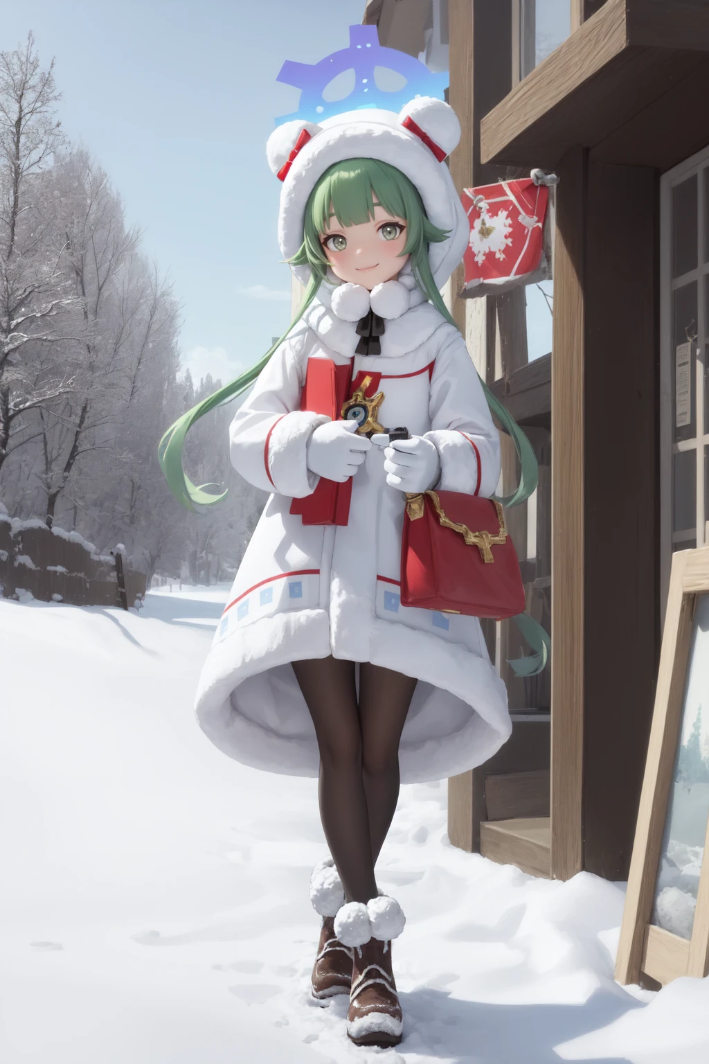 (masterpiece:1.3), (absurdres:1.3), (best quality:1.3), 1girl, looking at viewer, smile, outdoors, snow, full body, <lora:momijifi-000011:1>, momijifi, halo, hood, fur trim, animal hood, winter clothes, white coat, gloves, fur-trimmed hood, fur-trimmed coat, pantyhose, fur-trimmed- sleeves, fur-trimmed capelet, fur-trimmed boots,