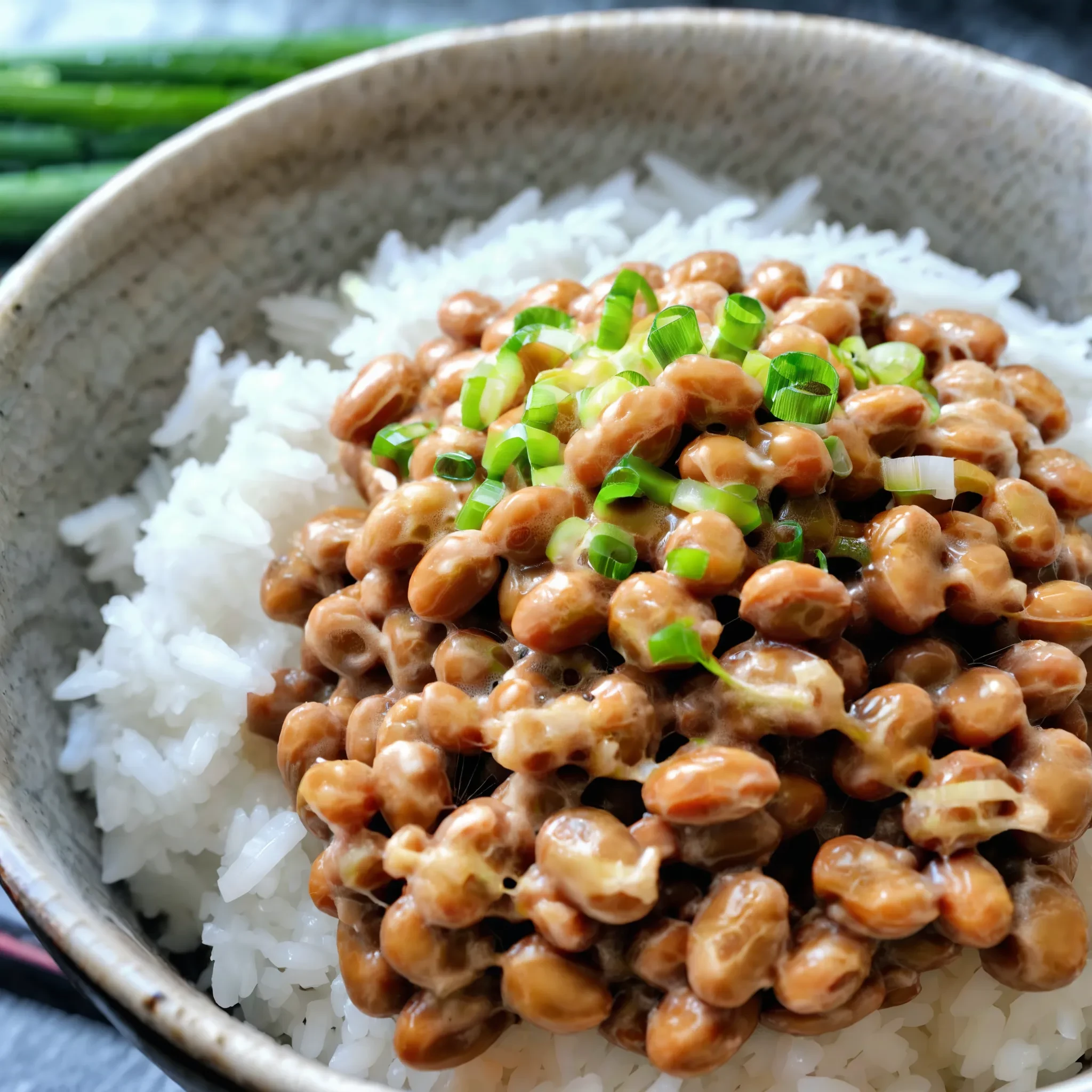 A photo of a bowl of natto, sticky fermented soybeans mixed with hot freshly cooked white rice. The natto is coated thickly over the rice, with visible gooey strings between the beans. Chopped green onions are sprinkled on top for added flavor and color. The rice emits visibly rising steam. The lighting is bright and vibrant, making the food look extra appetizing. Detailed, high resolution, photorealistic. <lora:OBJ_Natto_v10:1>