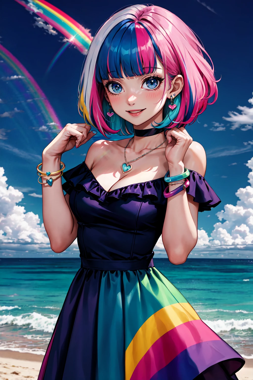 1girl,  bare shoulders,  beach,  blue hair,  blunt bangs,  bracelet,  choker,  cleavage,  sunny partly cloudy day,  earrings,  frilled dress,  grey eyes,  hands up,  heart,  jewelry,  cleavage,  multicolored clothes,  multicolored dress,  multicolored skirt,  necklace,  ocean,  off shoulder,  outdoors,  pink hair,  rainbow,  multicolored hair,  rainbow hair,  sky,  smile,  solo,  streaked hair,  two-tone dress,  water