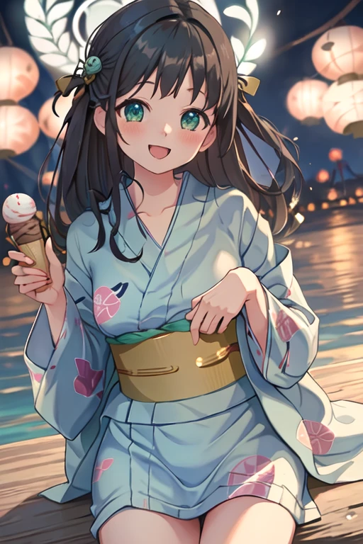 best quality, masterpiece, highres, solo, {yukata:1.40}, {kimono:1.20}, {airi_bluearchive:1.15}, long_hair, hair_ornament, halo, serafuku, blush, green_eyes, bangs, brown_hair, smile, open_mouth, black_hair, food, ice_cream