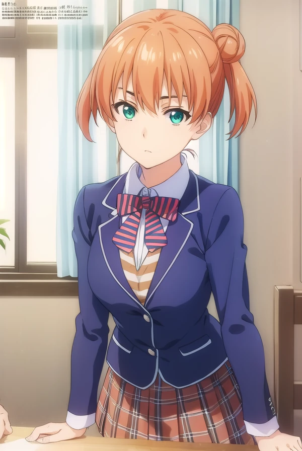 yuukiyoshino, <lora:yuuki yoshino s1-lora-nochekaiser:1>,
yuuki yoshino, short hair, twintails, (green eyes:1.3), hair bun, orange hair, double bun,
BREAK bow, school uniform, striped, bowtie, blazer, striped bowtie, blue blazer, brown skirt, plaid skirt, plaid,
BREAK indoors, kitchen,
BREAK looking at viewer, (cowboy shot:1.5),
BREAK <lyco:GoodHands-beta2:1>, (masterpiece:1.2), best quality, high resolution, unity 8k wallpaper, (illustration:0.8), (beautiful detailed eyes:1.6), extremely detailed face, perfect lighting, extremely detailed CG, (perfect hands, perfect anatomy),