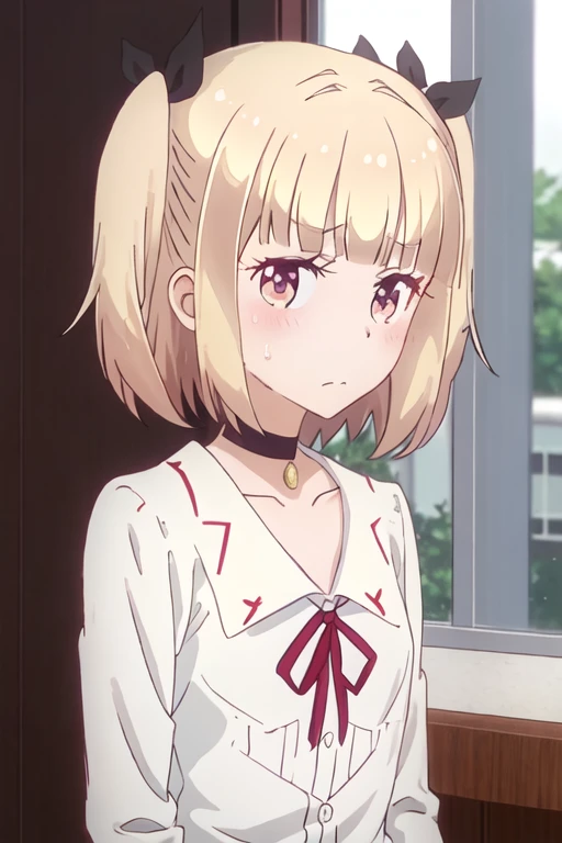 best quality, masterpiece, highres, solo, {iijima_yun_newgame:1.15}, blonde_hair, short_hair, blush, two_side_up, ribbon, bangs, hair_ribbon, 1girl, closed_mouth, bow, collarbone, looking_at_viewer, red_ribbon, upper_body, blunt_bangs, school_uniform, shirt, sweatdrop, twintails, white_shirt