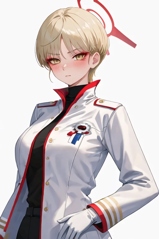 best quality, masterpiece, highres, solo, {marina_bluearchive:1.15}, short_hair, blonde_hair, yellow_eyes, bangs, halo, blush, breasts, large_breasts, 1girl, jacket, military, military_uniform, uniform, gloves, long_sleeves, simple_background, white_background, white_gloves, white_jacket, looking_at_viewer, makeup, upper_body, closed_mouth, eyeshadow