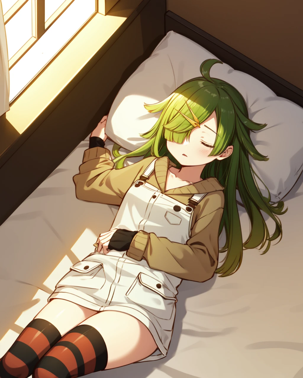 scene0akimabayu, 1girl, eyes closed, green hair, cowboy shot, indoors, bedroom, bed, pillow, lying, sleeping, view from above, hair over one eye, brown sweater, white apron, golden hairpin in hair, red thighhighs, <lora:scene0akimabayu-000009:0.8>
