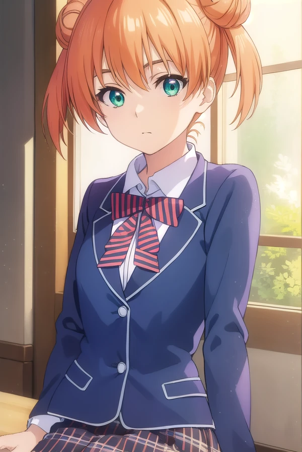 yuukiyoshino, <lora:yuuki yoshino s1-lora-nochekaiser:1>,
yuuki yoshino, short hair, twintails, (green eyes:1.3), hair bun, orange hair, double bun,
BREAK bow, school uniform, striped, bowtie, blazer, striped bowtie, blue blazer, brown skirt, plaid skirt, plaid,
BREAK indoors, kitchen,
BREAK looking at viewer, (cowboy shot:1.5),
BREAK <lyco:GoodHands-beta2:1>, (masterpiece:1.2), best quality, high resolution, unity 8k wallpaper, (illustration:0.8), (beautiful detailed eyes:1.6), extremely detailed face, perfect lighting, extremely detailed CG, (perfect hands, perfect anatomy),