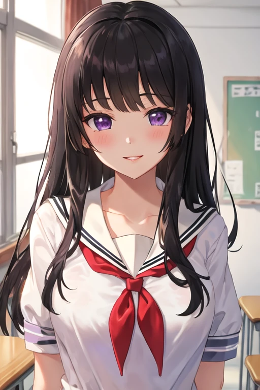 best quality, masterpiece, highres, solo, {shirokane_rinko_bangdream:1.15}, black_hair, bangs, purple_eyes, long_hair, blush, smile, breasts, hair_ornament, 1girl, looking_at_viewer, school_uniform, serafuku, shirt, upper_body, white_shirt, blunt_bangs, blurry, blurry_background, parted_lips, short_sleeves, blue_neckerchief, neckerchief, sailor_collar, white_sailor_collar