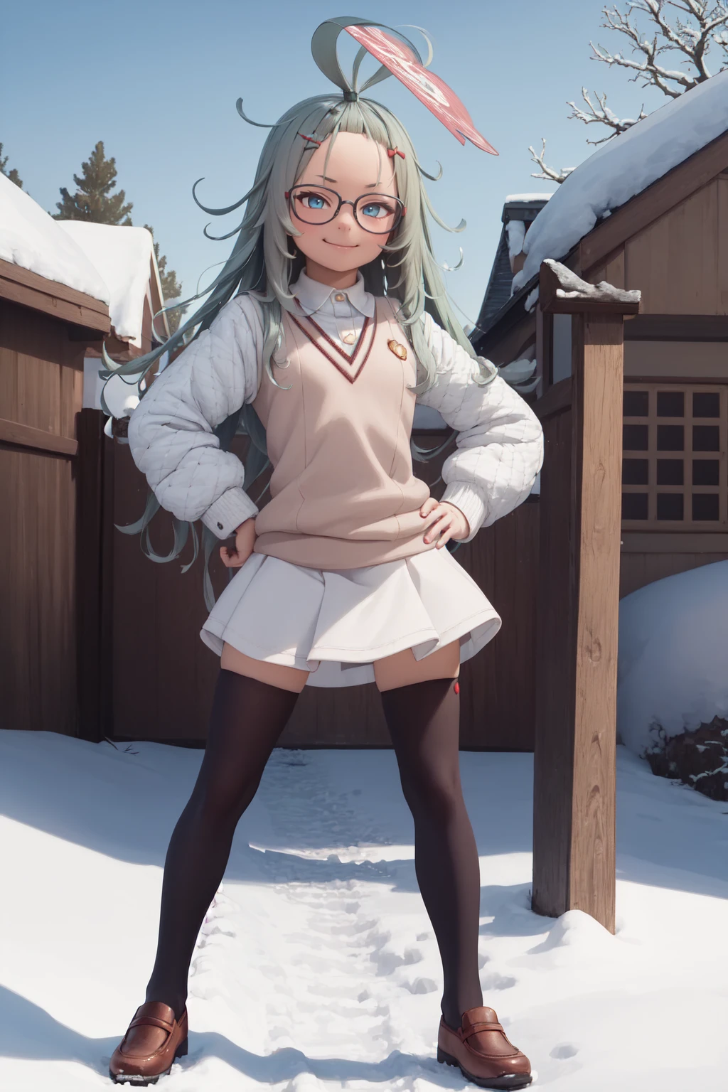 (masterpiece:1.3), (absurdres:1.3), (best quality:1.3), 1girl, looking at viewer, (closed mouth:1.3), smile, outdoors, snow, full body, hand on hip, <lora:merufi-000005:1>, merufi, glasses, long ahoge, blue eyes, bangs pinned back, <lora:tokiwadai_school_uniform:1>, tokiwadai school uniform,