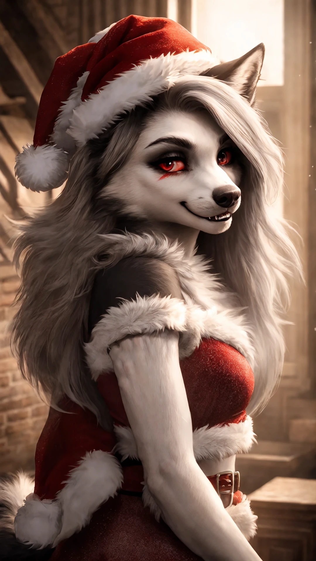 close-up, detailed face, furry anthro female, hellhound, Loona_\(Helluva Boss\), (Santa costume:1.2), red eyes with red sclera, mischievous smirk, sharp fangs visible, intricate fur patterns on the face and ears, masterfully crafted expression of mischief and charm, detailed background, Loona, female furry, smiling, multicolored fur,
masterpiece, detailed fur, realistic fur, Loona ears, fluffy tail,
full body, detailed skin, detailed face and eyes, higher body and limbs detail, realistic proportions,
detailed lighting, cinematic lighting, detailed ambient light, gray natural lighting, backlighting, crepuscular ray,
half body shadow, sharp focus