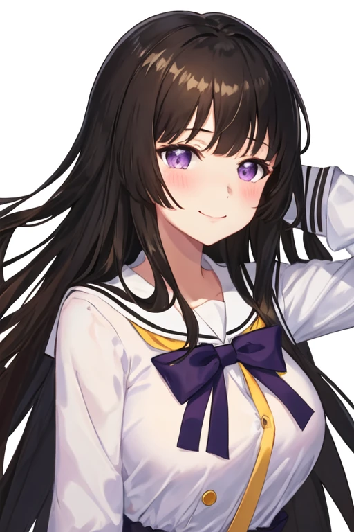 best quality, masterpiece, highres, solo, {shirokane_rinko_bangdream:1.15}, black_hair, bangs, purple_eyes, long_hair, blush, smile, breasts, hair_ornament, 1girl, hanasakigawa_school_uniform, long_sleeves, school_uniform, buttons, dress, looking_at_viewer, neck_ribbon, ribbon, sailor_collar, sailor_dress, brown_dress, red_ribbon, white_sailor_collar, white_background, double-breasted, sidelocks, blunt_bangs, closed_mouth, simple_background, upper_body, bow, red_bow