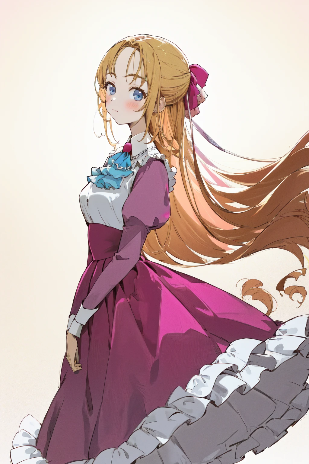 masterpiece, best quality, highres, 1girl, pink dress long sleeves blue ascot frills <lora:gekai_elise:1> from side, looking at viewer