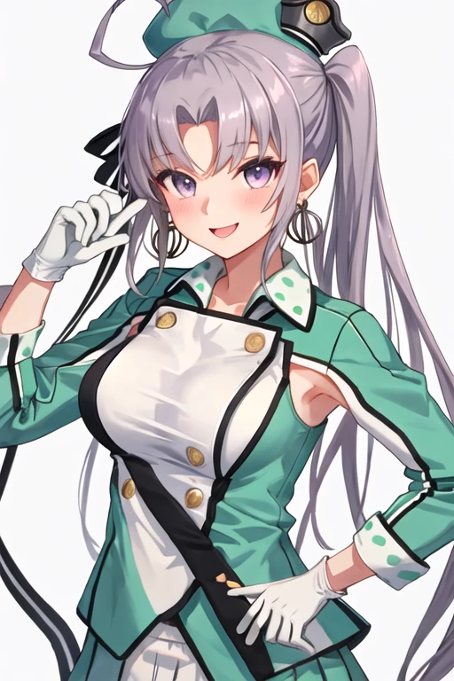 best quality, masterpiece, highres, solo, {akitsushima_kantaicollection:1.15}, long_hair, side_ponytail, purple_eyes, ahoge, grey_hair, hat, sidelocks, open_mouth, jewelry, purple_hair, earrings, breasts, blush, smile, ribbon, hair_ribbon, hair_ornament, 1girl, looking_at_viewer, military_uniform, uniform, military, white_background, gloves, simple_background, white_gloves