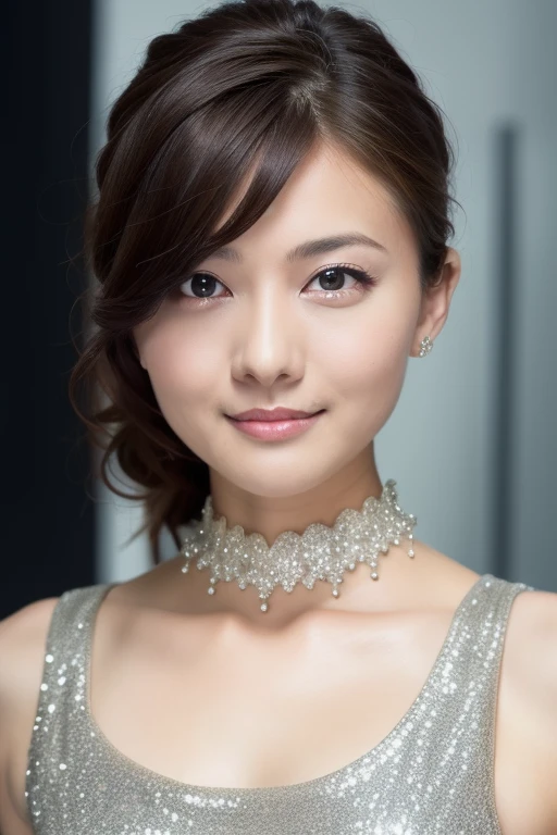 1girl,(wearing a sleeveless glittery evening dress:1.2),(RAW photo, best quality), (realistic, photo-realistic:1.4), masterpiece, an extremely delicate and beautiful, extremely detailed, 2k wallpaper, Amazing, finely detail, extremely detailed CG unity 8k wallpaper, ultra-detailed, highres, soft light, beautiful detailed girl, extremely detailed eyes and face, beautiful detailed nose, beautiful detailed eyes,cinematic lighting,city lights at night,perfect anatomy,slender body, <lora:numakuramanami_lora:0.8>,smile