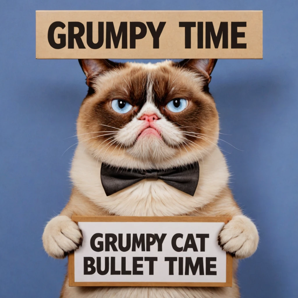 Photo of grumpy cat with a sign saying "grumpy bullet time"