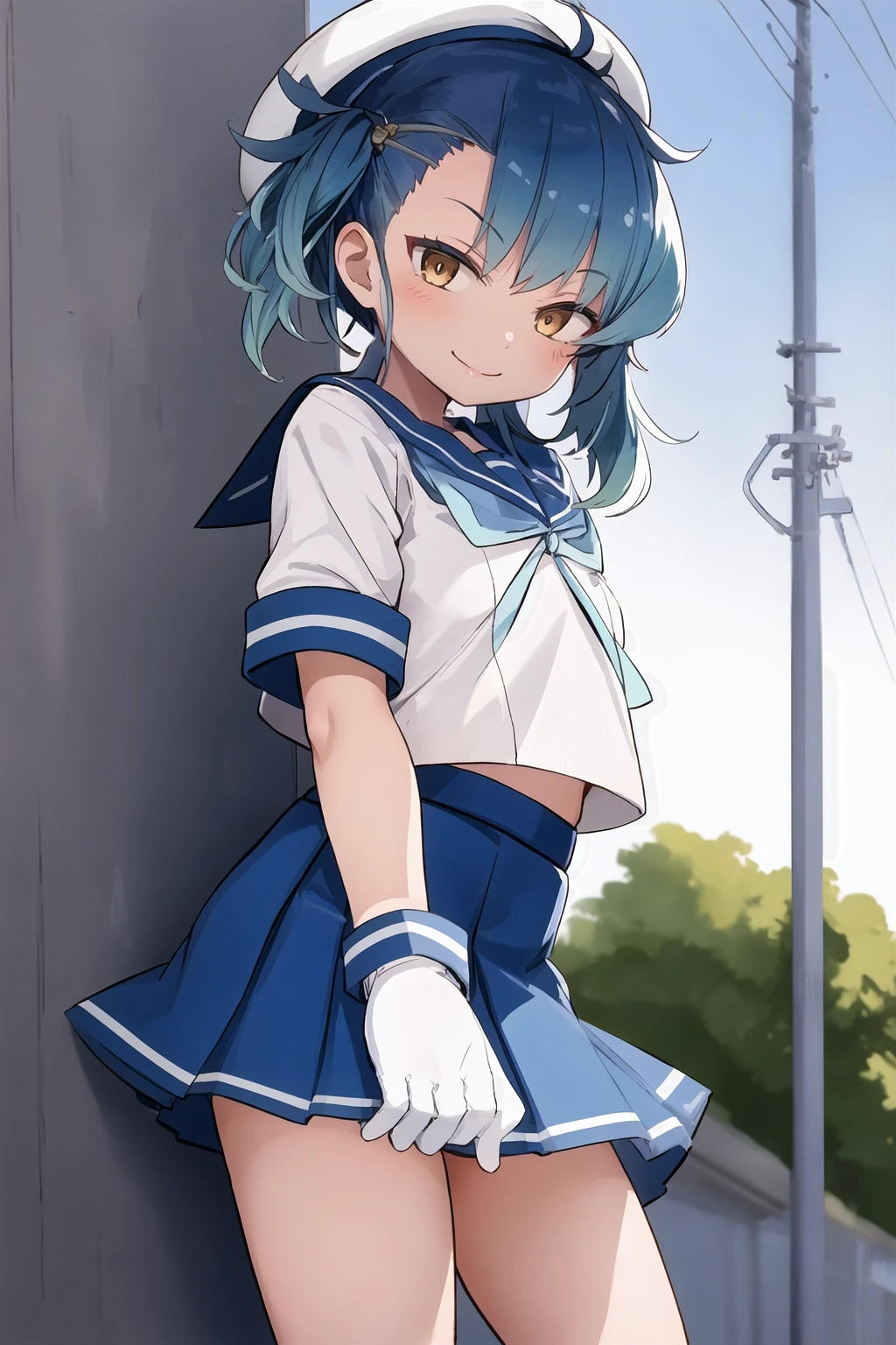 best quality, masterpiece, highly detailed, 1girl, solo, smile,
fukae, tsurime, side ponytail,
school uniform, hat, blue sailor collar, blue ribbon, blue neckerchief, short sleeves, white gloves, blue skirt, pleated skirt, 
outdoors,
<lora:FukaeKancolleV03-000027:1>