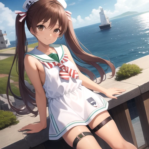 ((masterpiece)),(best quality),official art,extremely detailed CG,unity 8k wallpaper,ultra detailed,A lighthouse on a cliff by the sea,1girl,solo,cowboy shot,twintails,dark_skin,tan,brown_hair,long_hair,sailor_dress,smile,brown_eyes,sleeveless,hat,striped,looking_at_viewer,high heels,thigh strap,<lora:Libeccio(kan)>,