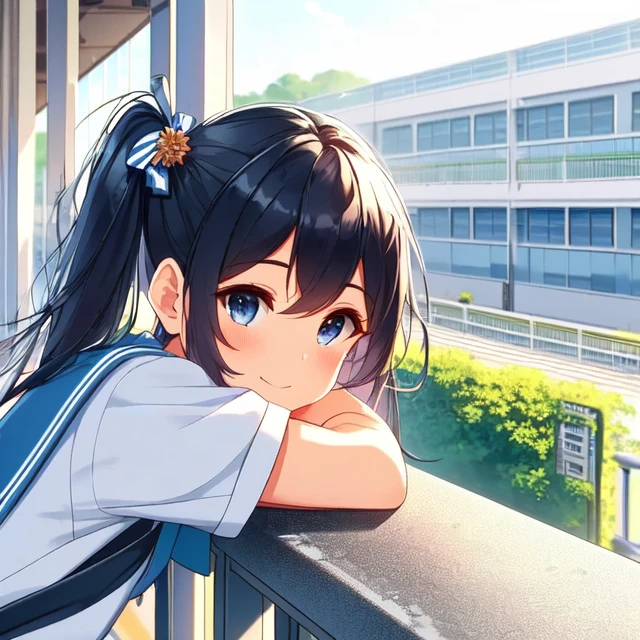 solo, 1girl, 14yo, (((resting arms on school railings))), ((leaning on school railings)), outdoor corridor, second floor, twintail, school uniform, wind, smile, taiwan, School railings, school railings,<lora:girllikeschoolrailings:0.9>,