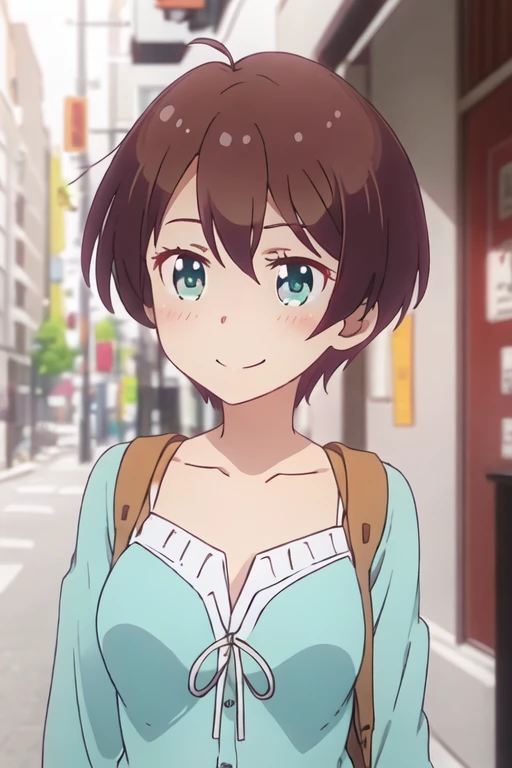 best quality, masterpiece, highres, solo, {shinoda_hajime_newgame:1.15}, brown_hair, short_hair, green_eyes, blush, collarbone, smile, 1girl, anime_coloring, closed_mouth, hair_between_eyes, portrait, bangs, looking_at_viewer, blurry, outdoors