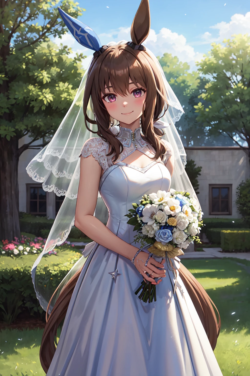 masterpiece,best quality,highres,ultra-detailed,aavega,horse ears,single ear cover,long hair,low ponytail,bangs,horse tail,<lora:admire_vega_(umamusume):0.9>,(wedding dress:1.2),white dress,(veil:1.2),garden,smile,outdoors,standing,cowboy shot,holding bouquet,
