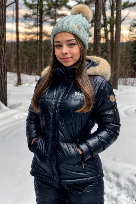 s0phierain-120, ski jacket, snow pants, beanie, snow covered ground, snowy wooded area, <lora:add_detail:1> (bokeh:1.2)