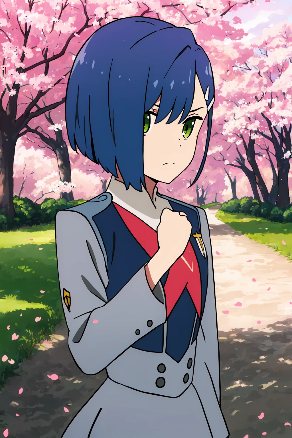 ((best quality)),((highly detailed)),masterpiece,absurdres,detailed face,beautiful face,((detailed eyes, deep eyes)),(1girl),((dynamic pose)), <lora:IchigoV1:0.8>Ichigo, 1girl, solo, green eyes, blue hair, short hair, uniform, outdoors, military, military uniform, tree, looking at viewer, closed mouth, long sleeves, hair ornament, bangs, hairclip, day, bob cut, standing, hair over one eye, frown, grey dress, cherry blossom background, cherry blossom petals