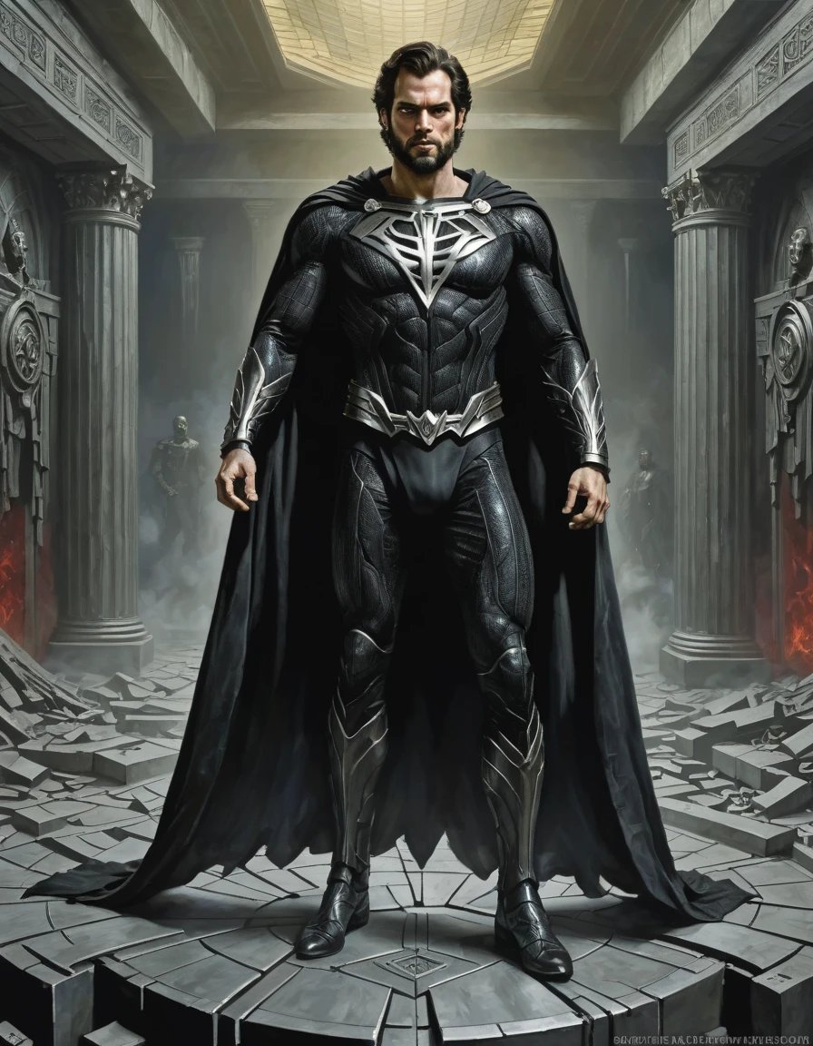 dark fantasy, textured tempera painting, art by craig mullins and jose royo, henry cavill as jor-el, beard, frontal shot, realistic proportions, perfect proportions, full body, white krypton uniform, in futuristic krypton hall