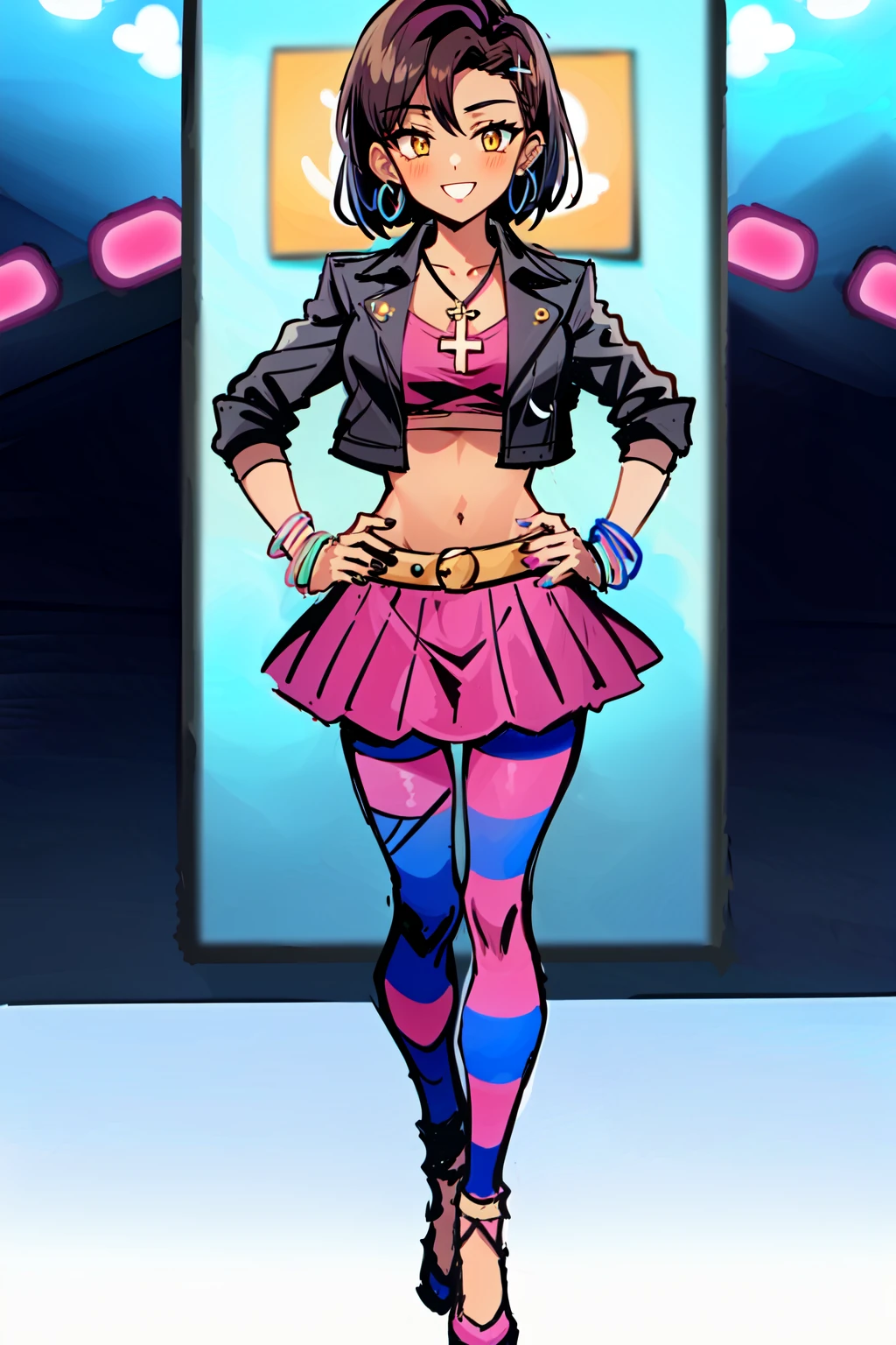 1girl,mercedescortez,standing,hands on hips,happy,:d,full body,looking at viewer,crop top,cropped jacket,skirt,pantyhose,high heels,hoop earrings,jewelry,bracelet,bangle,cross necklace,indoors,in nightclub,neon colors,(style of retrowave),<lora:MercedesCortez:0.7>, <lora:LORA-XenoDetailer-v2:0.1>, <lora:skin_tone_slider_v1:1.6>