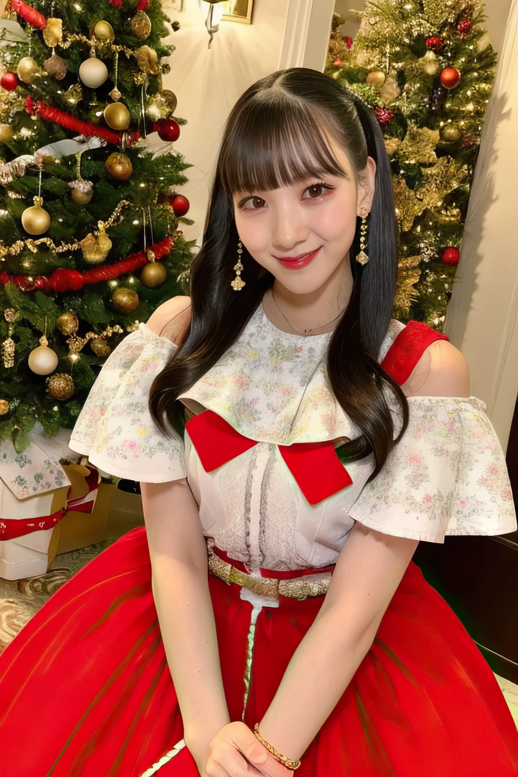 masterpiece,beautiful,extremely detailed,finely detailed,exquisite,(ultra high res),(8k UHD best quality), (realistic, photo-realistic:1.37), depth_of,blurry_background, photo_inset,Dramatic lighting,reference_inset,photo_background,photorealistic,looking_at_viewer,1girl,detailed skin,shiny skin,smile,romantic hotel lobby,christmas tree behind,(((upper body))),(((dress))),ouka <lora:ouka suenaga:1>