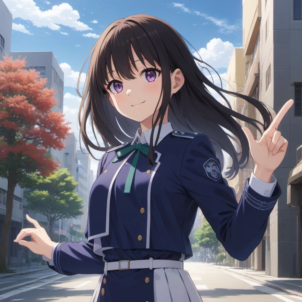 masterpiece,best quality,extremely detailed 8K wallpaper,1girl,inoue takina,purple eyes,lycoris uniform,standing,waving,