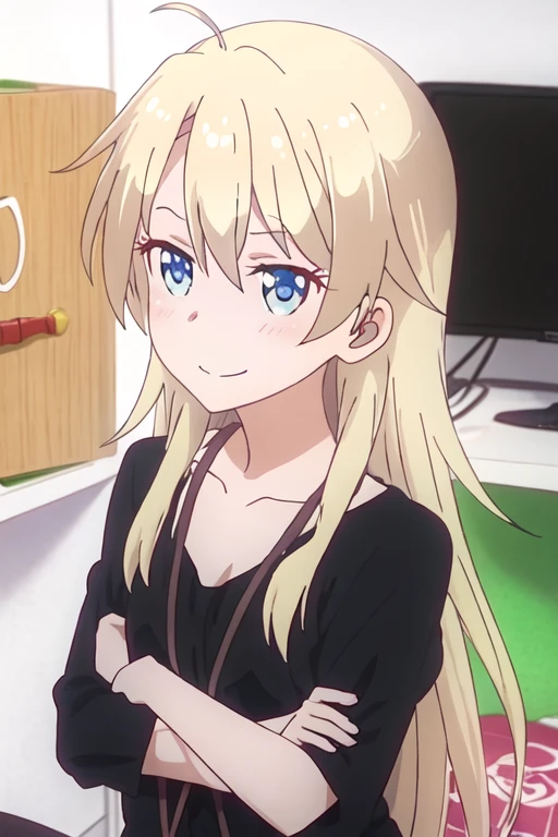 best quality, masterpiece, highres, solo, {yagami_kou_newgame:1.15}, blonde_hair, long_hair, blue_eyes, blush, collarbone, hair_between_eyes, ahoge, indoors, bangs, closed_mouth, smile, 1girl, black_shirt, portrait, shirt, looking_at_viewer, anime_coloring, bookshelf