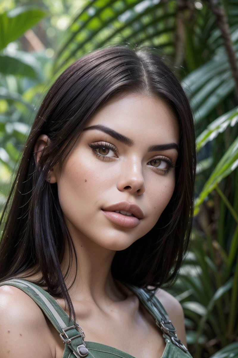 portrait of S253_VladaBabak,a gorgeous woman,in a (jungle:1.1),wearing an (overalls:1.1),(4k, RAW photo, best quality, depth of field, ultra high res:1.1),(absurdres, intricate, photorealistic, masterpiece, ultra-detailed:1.2),