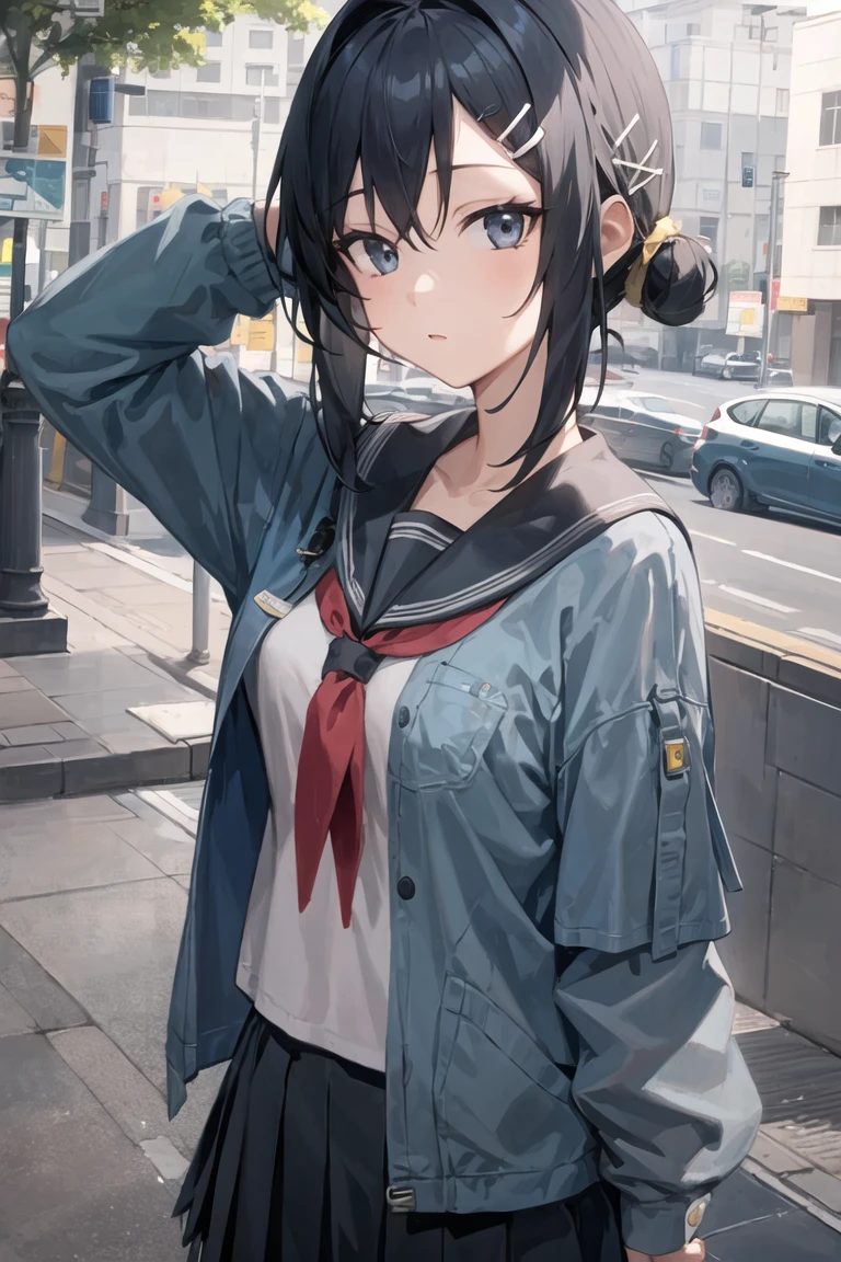 cityscape,
1girl,solo,looking at viewer,
<lora:la-pluma-mk5:0.7>,laplumaalt,
black hair,short hair,hairclip,sidelocks,hair intakes,
feather hair,hair clip,
serafuku,pleated skirt,