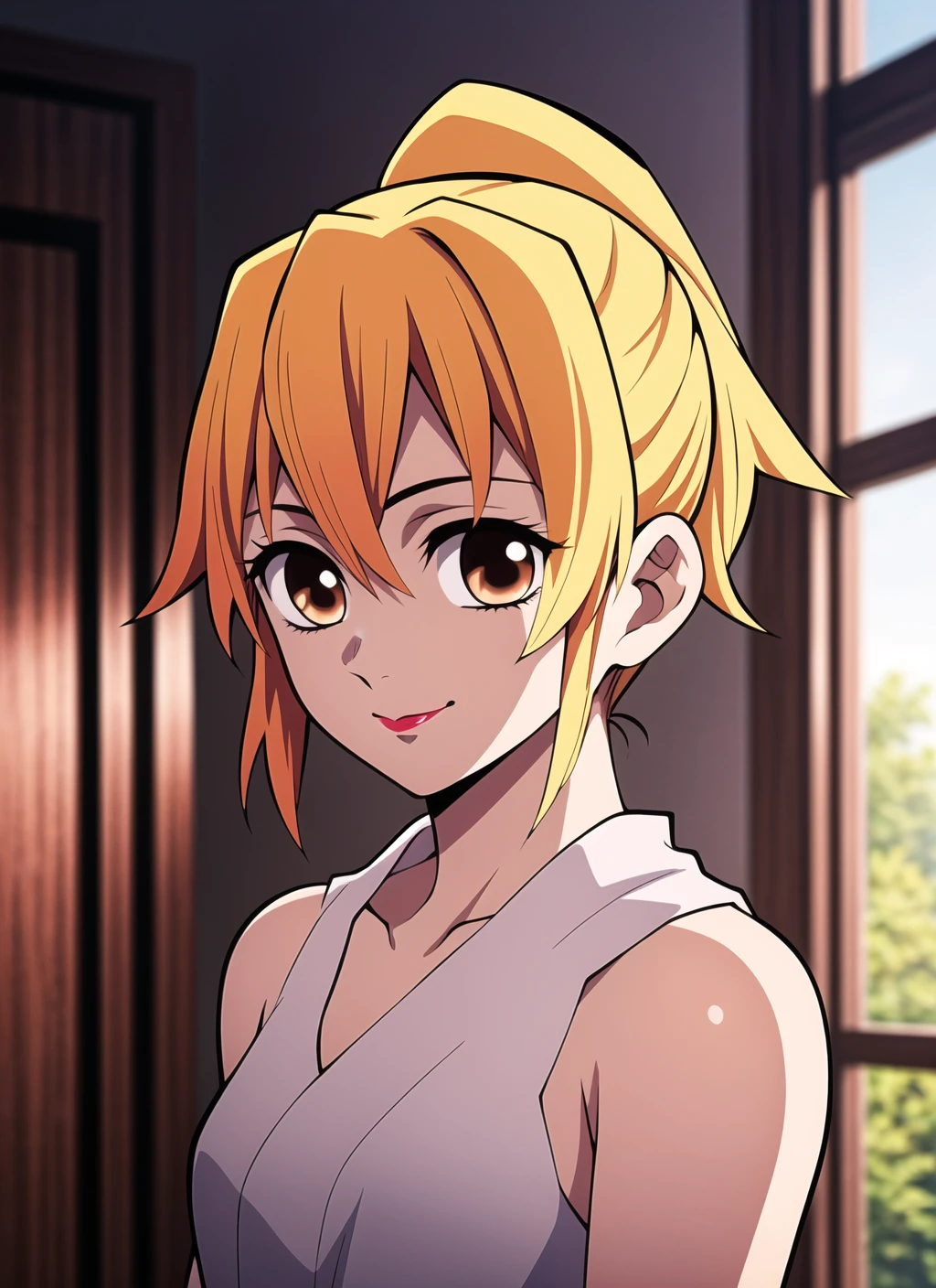 kimetsu no yaiba style,1girl, solo, looking at viewer, brown hair, brown eyes, blurry background, blurry, multicolored hair, ponytail, blonde hair, upper body, dress, flower, bare shoulders, smile, lipstick, closed mouth, anime coloring, ((masterpiece)) <lora:kimetsu_no_yaiba_style_offset:1>