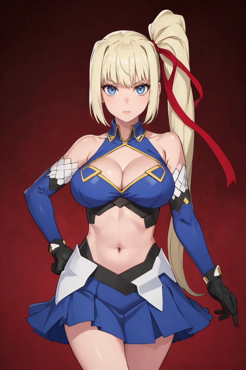 masterpiece, best quality, 1girl, solo, <lora:limalisha-vanadis-richy-v1:1> limalisha, side ponytail, hair ribbon, clothing cutout, cleavage, bare shoulders, elbow gloves, navel, skirt