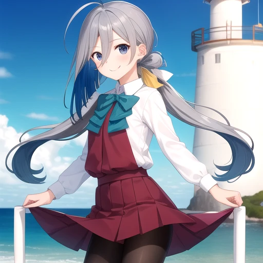 ((masterpiece)),(best quality),official art,extremely detailed CG,unity 8k wallpaper,ultra detailed,A lighthouse on a cliff by the sea,1girl,solo,cowboy shot,very_long_hair,grey_hair,grey_eyes,twintails,ahoge,smile,low_twintails,grey_pantyhose,skirt,school_uniform,looking_at_viewer,multicolored_hair,shirt,bowtie,hair_between_eyes,<lora:Kiyoshimo(kan)>,