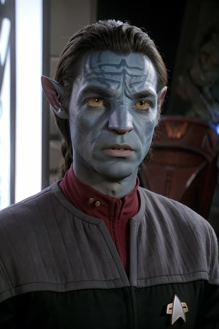 headshot of naavi man, blue skin, alien, pointy ears, freckles, yellow eyes, black ds9st uniform, red collar, scifi starship background, black hair, long hair, dreadlocks,  <lora:race_oth_naavi:0.8>, <lora:DS9_768V12:0.8>