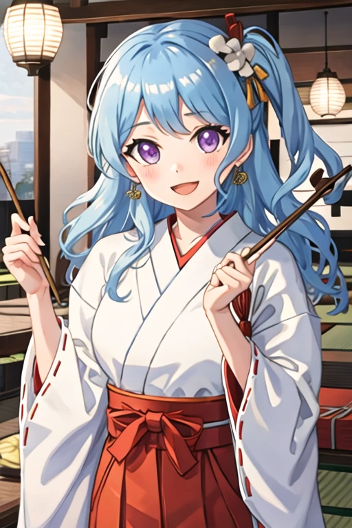best quality, masterpiece, highres, solo, {white kimono:1.35}, {red hakama:1.35}, {wide sleeves:1.20}, {matsubara_kanon_bangdream:1.15}, blue_hair, purple_eyes, bangs, long_hair, blush, smile, ribbon, hair_ornament, light_blue_hair, open_mouth, one_side_up, hair_ribbon, hair_flower