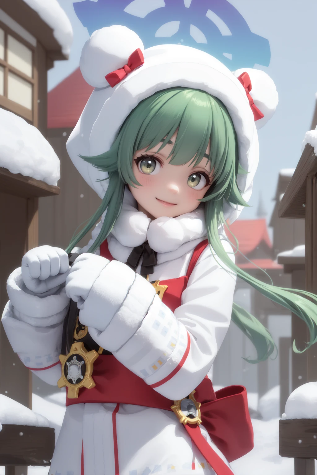 (masterpiece:1.3), (absurdres:1.3), (best quality:1.3), 1girl, looking at viewer, smile, outdoors, snow, upper body, paw pose, <lora:momijifi-000011:1>, momijifi, halo, hood, fur trim, animal hood, winter clothes, white coat, gloves, fur-trimmed hood, fur-trimmed coat, pantyhose, fur-trimmed- sleeves, fur-trimmed capelet, fur-trimmed boots,