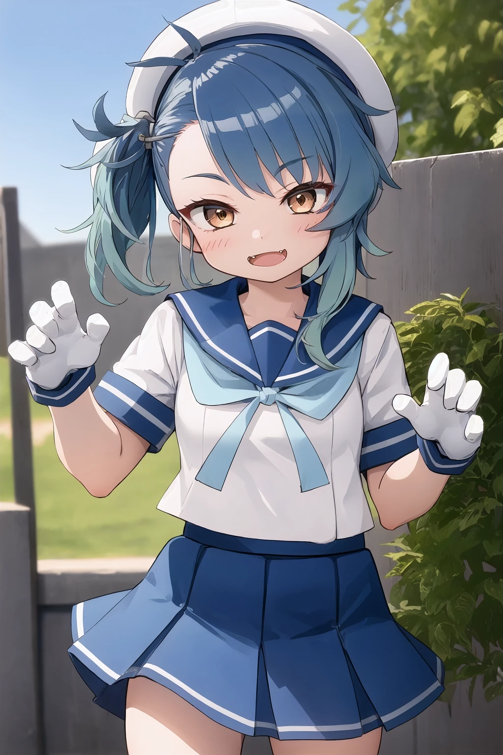 best quality, masterpiece, highly detailed, 1girl, solo, smile,
fukae, tsurime, fang, side ponytail,
school uniform, hat, blue sailor collar, blue ribbon, blue neckerchief, short sleeves, white gloves, blue skirt, pleated skirt,
outdoors,
<lora:FukaeKancolleV03-000027:1>