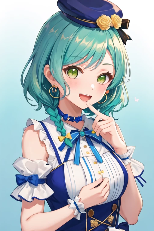 best quality, masterpiece, highres, solo, {hikawa_hina_bangdream:1.15}, aqua_hair, green_eyes, short_hair, smile, bow, braid, blush, hair_bow, side_braids, twin_braids, open_mouth, bangs, 1girl, choker, hair_ornament, looking_at_viewer, ribbon, beret, blue_headwear, blue_ribbon, flower, hat, pom_pom_\(clothes\), x_hair_ornament, jewelry, short_sleeves, earrings, hair_ribbon, neck_ribbon, striped, alternate_hairstyle, upper_body, double-breasted, frilled_sleeves