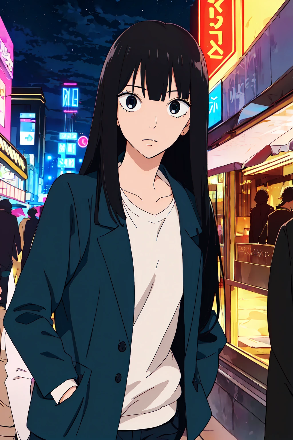 ((best quality)),((highly detailed)),masterpiece,absurdres,detailed face,beautiful face,((detailed eyes, deep eyes)),(1girl),((dynamic pose)), <lora:SawakoV1:0.8>sawako, black hair, long hair, black eyes, bangs, blunt bangs, hime cut,jacket, walking, at night, (eyes looking away from the viewer:1.3, looking away from viewer:1.3), ripped jeans, hands in pocket, nighttime, city streets, neon signs, crowd behind,