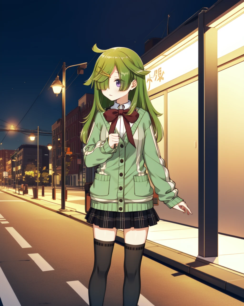 scene0akimabayu, 1girl, purple eyes, green hair, standing, leaning on wall, medium shot, cowboy shot, outdoors, city, street, night, bus stop, side view, hair over one eye, green sweater, red bowtie, yellow coat, white high collar, black skirt, black thighhighs, golden hairpin in hair, <lora:scene0akimabayu-000009:0.8>