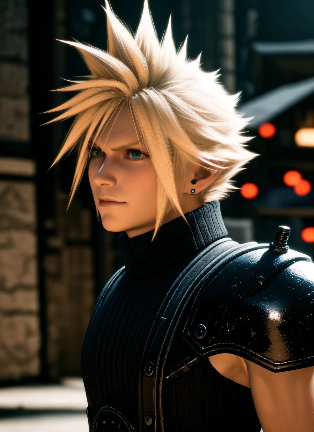 ff7r style,
1boy, male focus, solo, blonde hair, jewelry, earrings, sword, spiked hair, turtleneck, portrait, armor, upper body, blurry background, closed mouth, weapon on back, realistic, single earring
, ((masterpiece))
<lora:ff7:0.7>