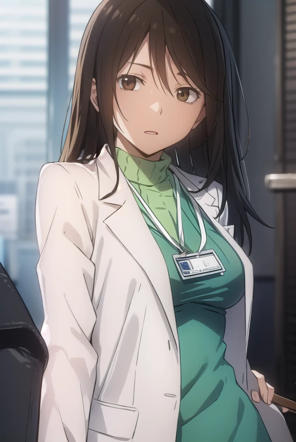 namieyagiri, <lora:namie yagiri s1-lora-nochekaiser:1>,
namie yagiri, long hair, black hair, (brown eyes:1.3),
BREAK sweater, turtleneck, labcoat, green sweater,
BREAK indoors, office,
BREAK looking at viewer, (cowboy shot:1.5),
BREAK <lyco:GoodHands-beta2:1>, (masterpiece:1.2), best quality, high resolution, unity 8k wallpaper, (illustration:0.8), (beautiful detailed eyes:1.6), extremely detailed face, perfect lighting, extremely detailed CG, (perfect hands, perfect anatomy),