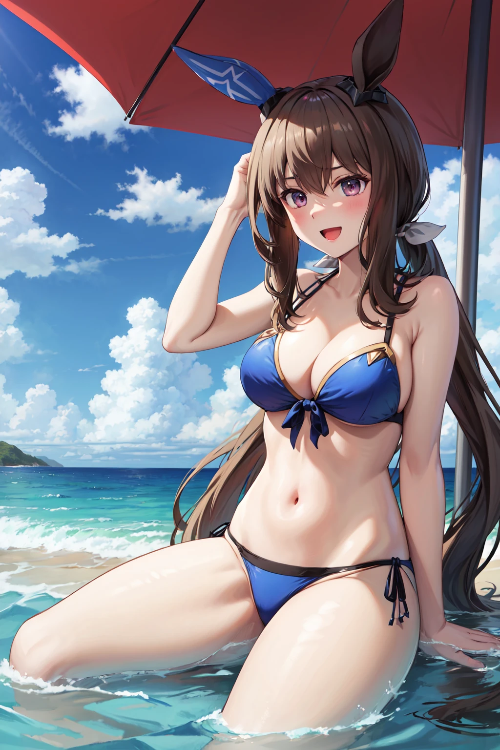 masterpiece,best quality,highres,ultra-detailed,aavega,horse ears,single ear cover,long hair,low ponytail,bangs,horse tail,<lora:admire_vega_(umamusume):0.9>,ocean,bikini,sitting,:d,