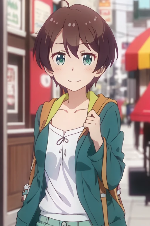 best quality, masterpiece, highres, solo, {shinoda_hajime_newgame:1.15}, brown_hair, short_hair, green_eyes, blush, collarbone, smile, 1girl, anime_coloring, bangs, blurry, blurry_background, closed_mouth, parody, portrait, hair_between_eyes, looking_at_viewer, shirt