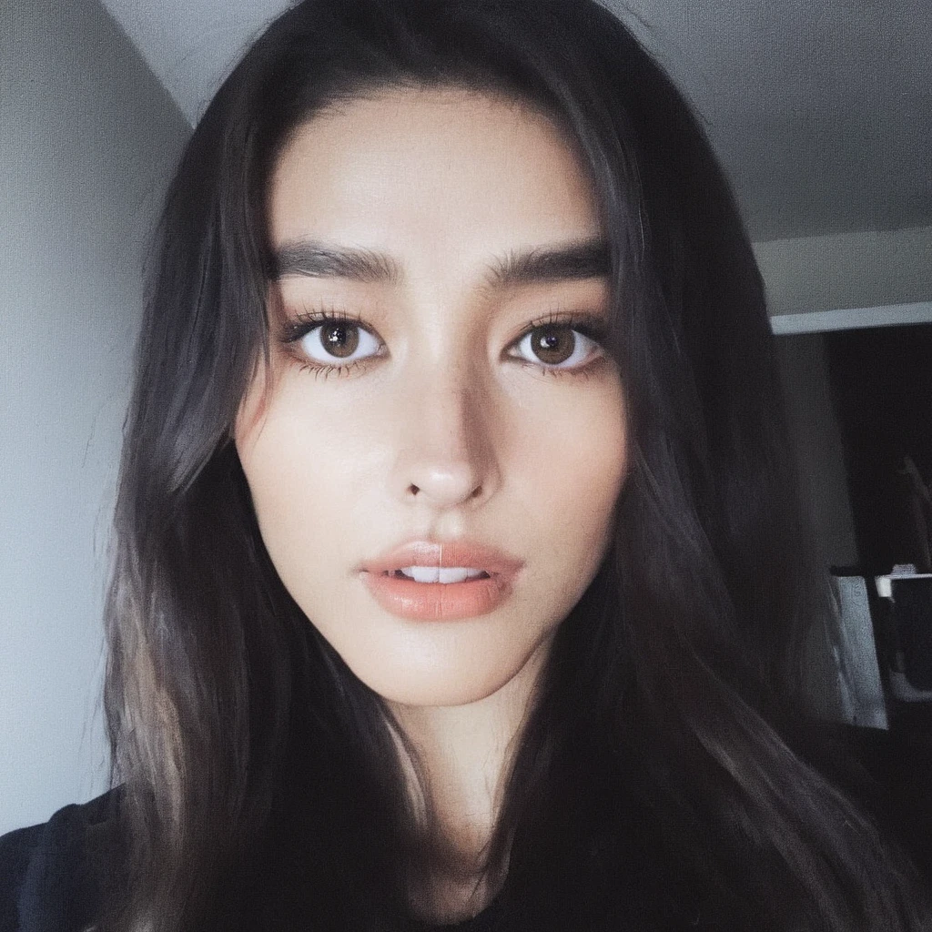 un primer plano de una mujer con cabello largo y negro y una camiseta sin mangas negra, Retrato de Sophie Mudd, cara perfecta ), 18 years, violeta myers, 2 4 year old female model, hermosa cara atractiva, cara sexy, modelo de instagram, Cara extremadamente hermosa, novia rusa, bella poarch, Kailee Mandel, 19 year old girl