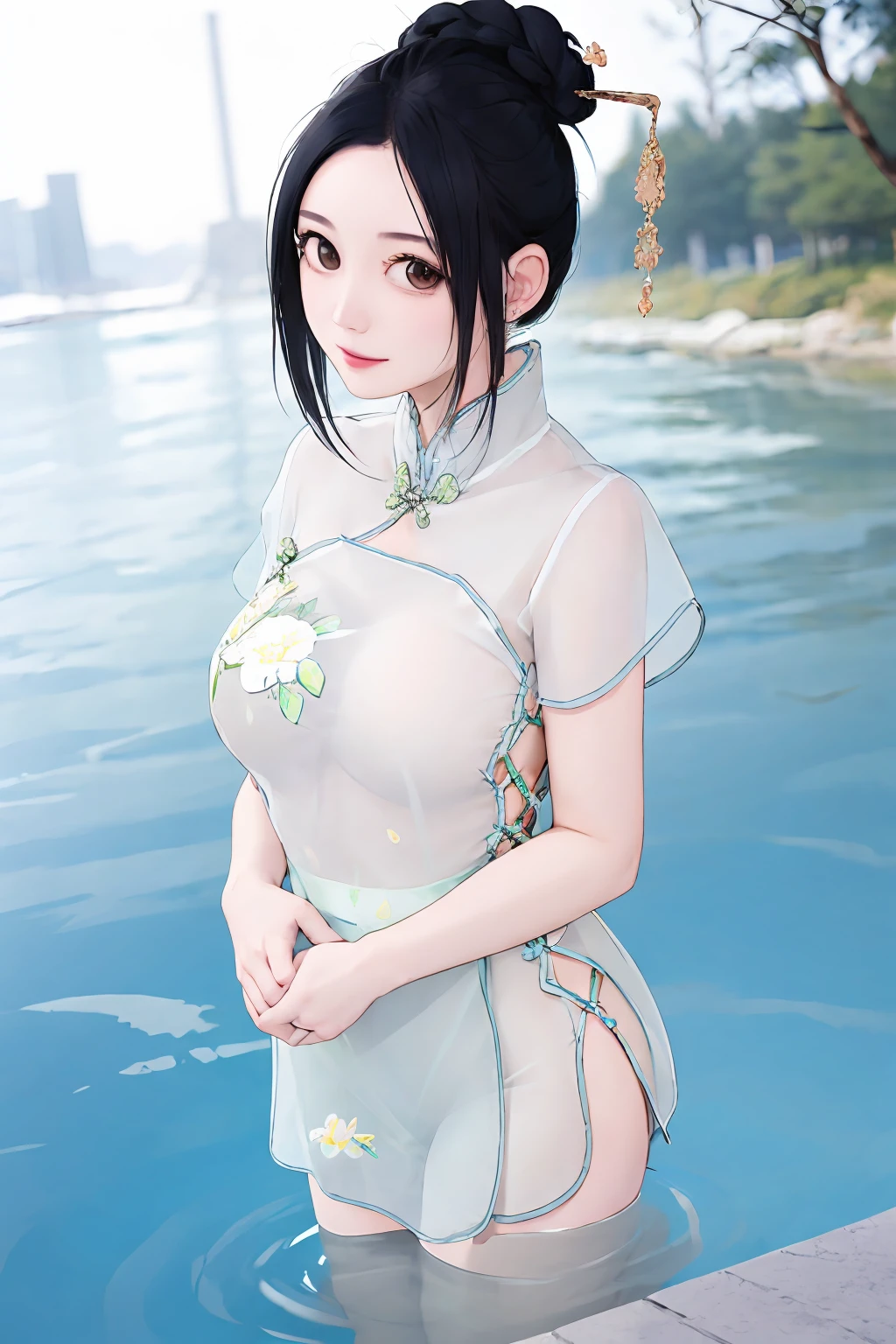 1girl,solo,breasts,looking at viewer,black hair,hair ornament,jewelry,see-through,china_dress,outdoors,upper_body,<lora:lbc_see_qipao_dudou:0.7>,beautiful detailed glow, (detailed ice), beautiful detailed water,
