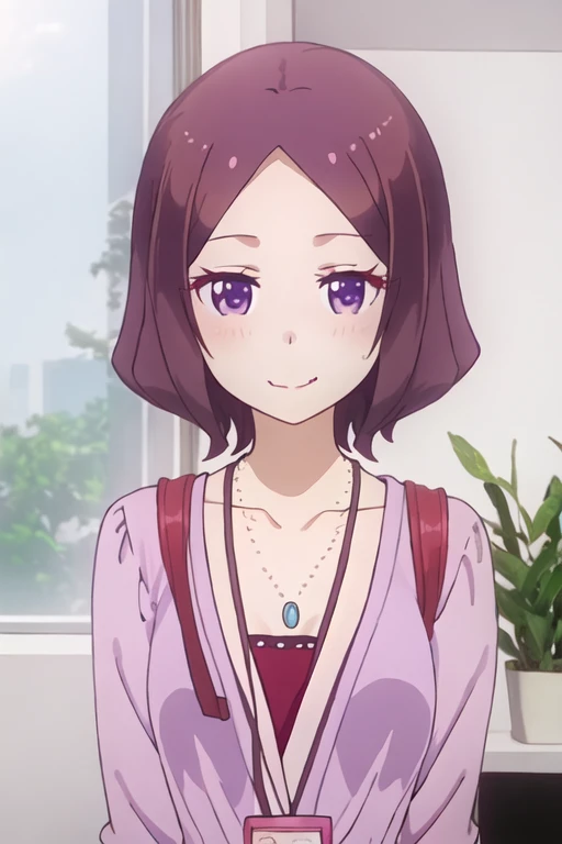 best quality, masterpiece, highres, solo, {tooyama_rin_newgame:1.15}, short_hair, brown_hair, purple_eyes, blush, purple_hair, smile, 1girl, closed_eyes, collarbone, jewelry, necklace, upper_body, flower, :t, pout