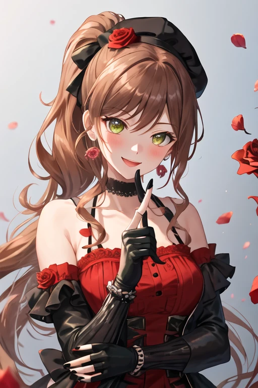 best quality, masterpiece, highres, solo, {imai_lisa_bangdream:1.15}, brown_hair, long_hair, bangs, smile, jewelry, green_eyes, earrings, blush, ponytail, sidelocks, 1girl, black_gloves, black_nails, choker, fingerless_gloves, flower, gloves, looking_at_viewer, nail_polish, red_flower, rose, red_rose, open_mouth, upper_body, yellow_eyes, hat, red_shirt, ribbon