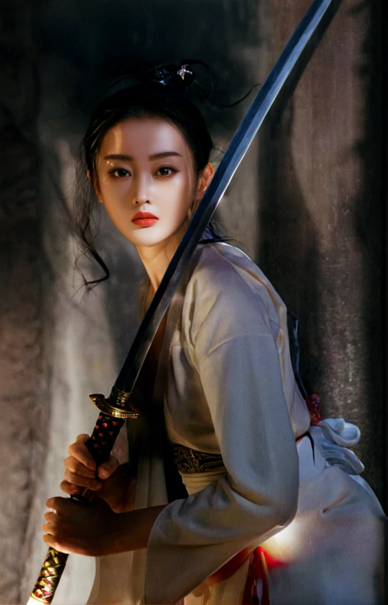 (masterpiece,best quality,ultra high res:1.2),(photo-realistic:1.3),(beautiful face,exquisite face,skin texture:1.1),
side_light,wuxia,
<lora:zhangtianai_XL_0_:1>,zhangtianai,
chinese actress,holding sword,